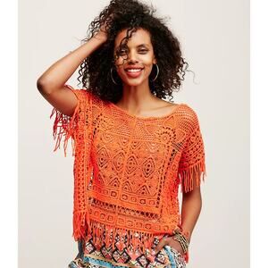 Free People Coral GEORGIA Crochet Lace Fringe Top Poncho One Size NWT